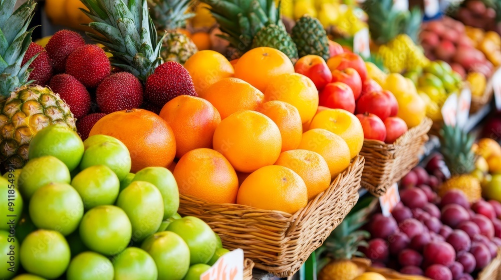 Fresh fruit stall, tropical abundance, rich hues, lively market scene Fresh fruit stall, tropical abundance, rich hues, lively market scene