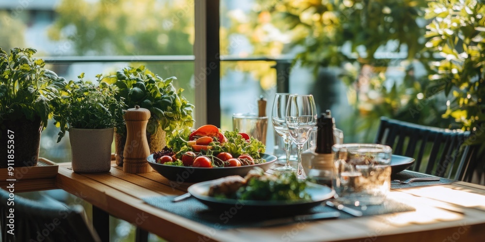 A wooden table set with various plates of food, great for lifestyle, still life or culinary use A wooden table set with various plates of food, great for lifestyle, still life or culinary use