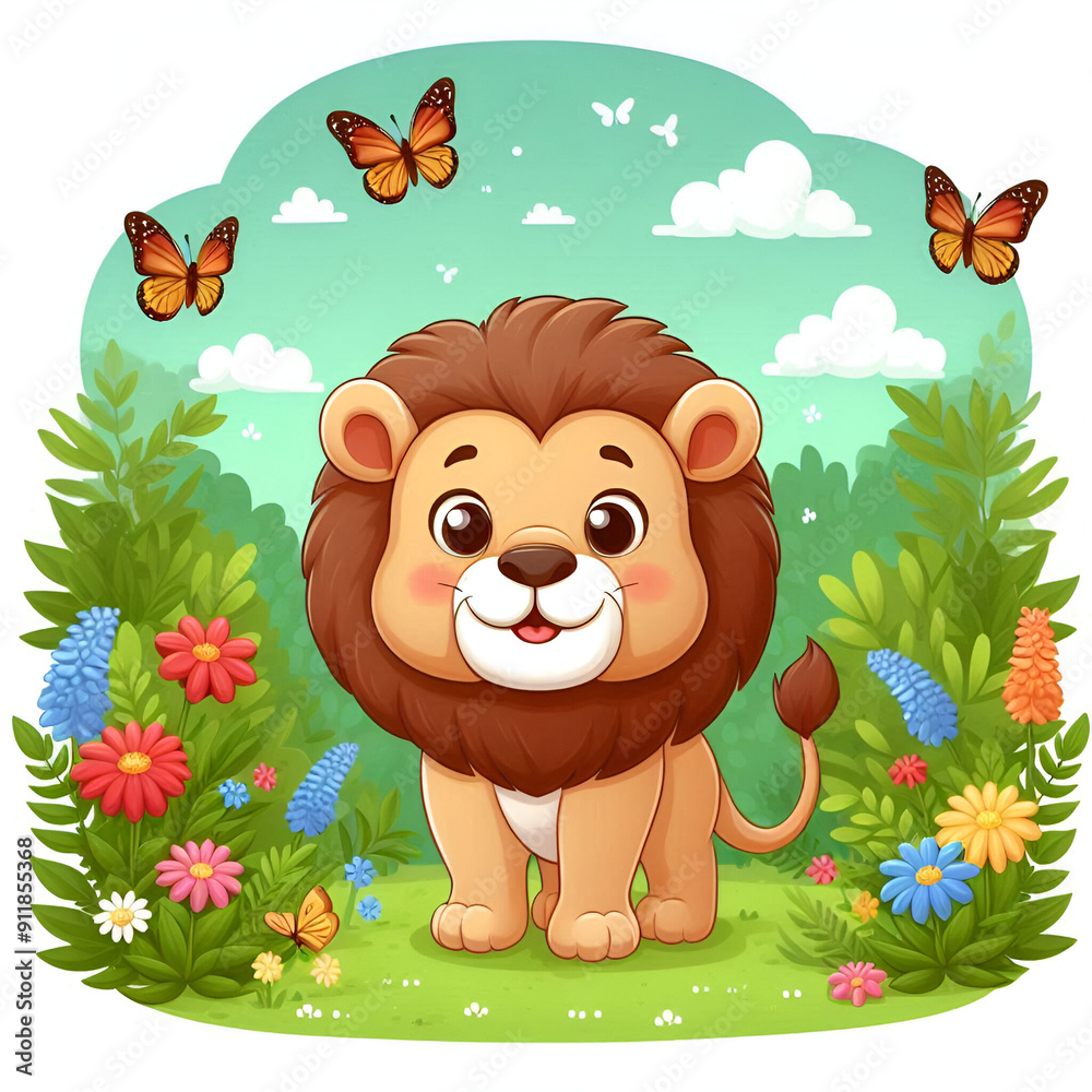 Cute & Funny Happy Childish Naive Forest Fearless Wild Lion Magic Cartoon Zoo Jungle Animal Creature Illustration Sitting Playing Butterflies Fluttering & Bright Lush Floral Flowers Garden Childs Room Cute & Funny Happy Childish Naive Forest Fearless Wild Lion Magic Cartoon Zoo Jungle Animal Creature Illustration Sitting Playing Butterflies Fluttering & Bright Lush Floral Flowers Garden Childs Room