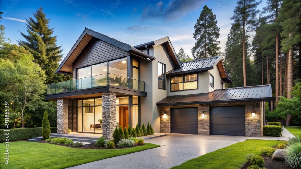 Modern suburban home with clean lines, large windows, and a sloping roof, nestled among trees in a quiet and serene residential neighborhood. Modern suburban home with clean lines, large windows, and a sloping roof, nestled among trees in a quiet and serene residential neighborhood.