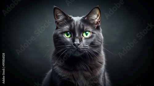 A mysterious and elegant black cat sits regally in front of a dark, gradient background, its piercing green eyes gleaming with intensity and curiosity.
