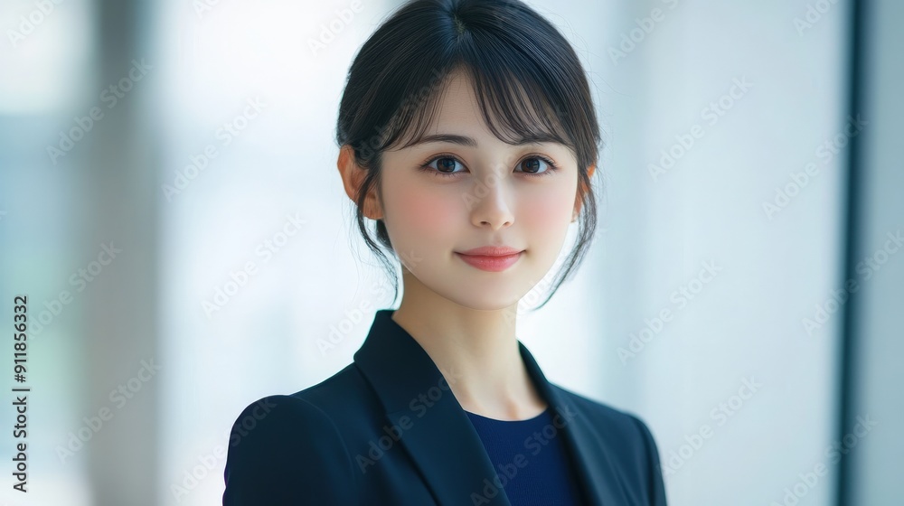 若い女性がビジネススーツを着て、オフィスビルの中で自信を持って微笑んでいる姿が見られます。 若い女性がビジネススーツを着て、オフィスビルの中で自信を持って微笑んでいる姿が見られます。