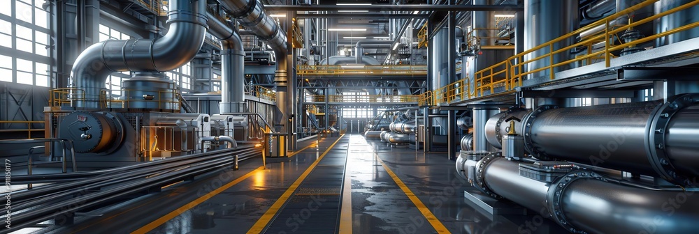 Industrial Factory Interior 3D Render - Industrial Plant with Steel Pipes and Catwalks Industrial Factory Interior 3D Render - Industrial Plant with Steel Pipes and Catwalks