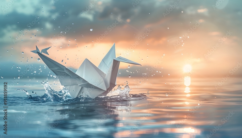 Obraz premium Origami crane splashing, creativity and serenity.