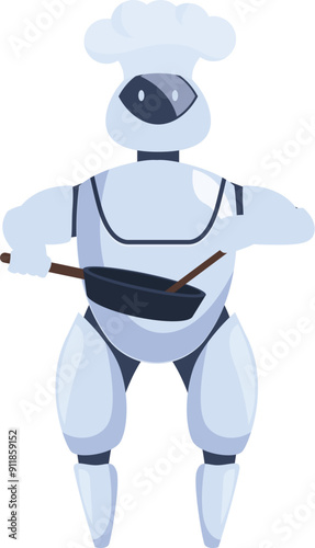 Robot chef is holding a frying pan and spatula, cooking food in a modern kitchen