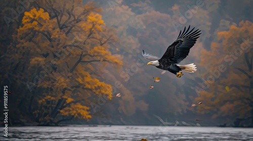 Bald Eagle Soaring Over Autumnal River photo