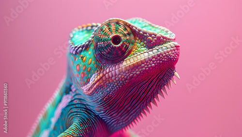 Close-Up of Chameleon on Branch in Vivid Colors