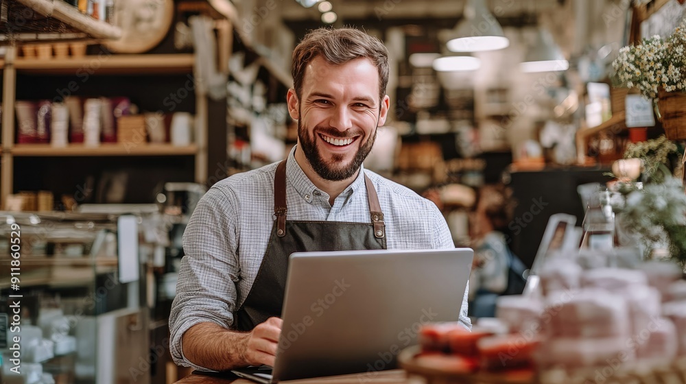 A business owner looking at their laptop with a pleased expression, surrounded by products. A business owner looking at their laptop with a pleased expression, surrounded by products.