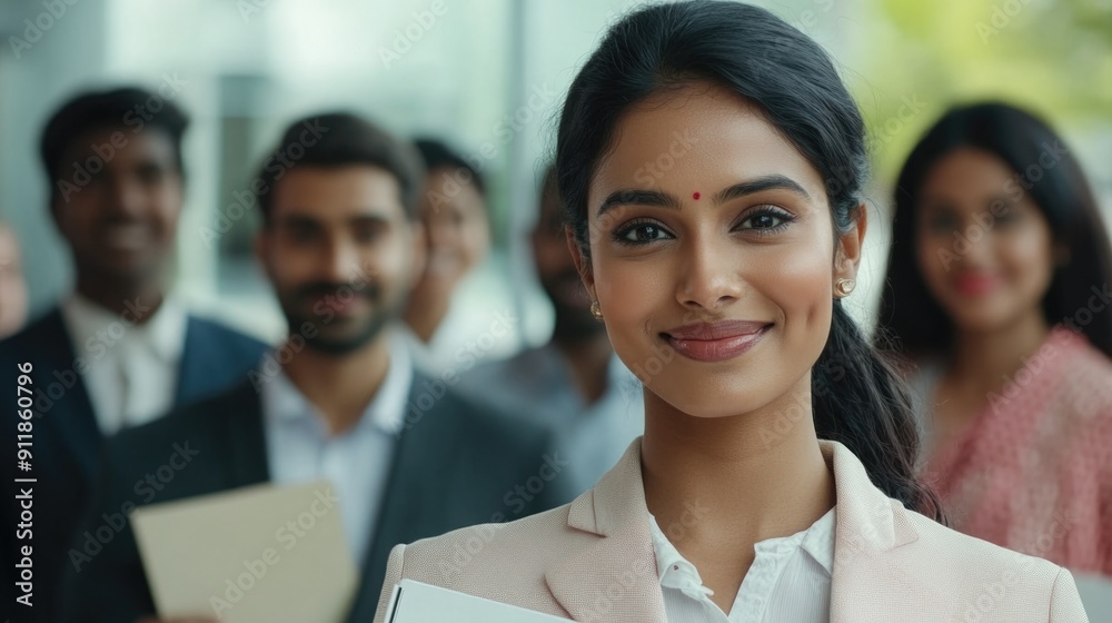 A woman holds a folder while surrounded by colleagues, likely discussing business matters A woman holds a folder while surrounded by colleagues, likely discussing business matters