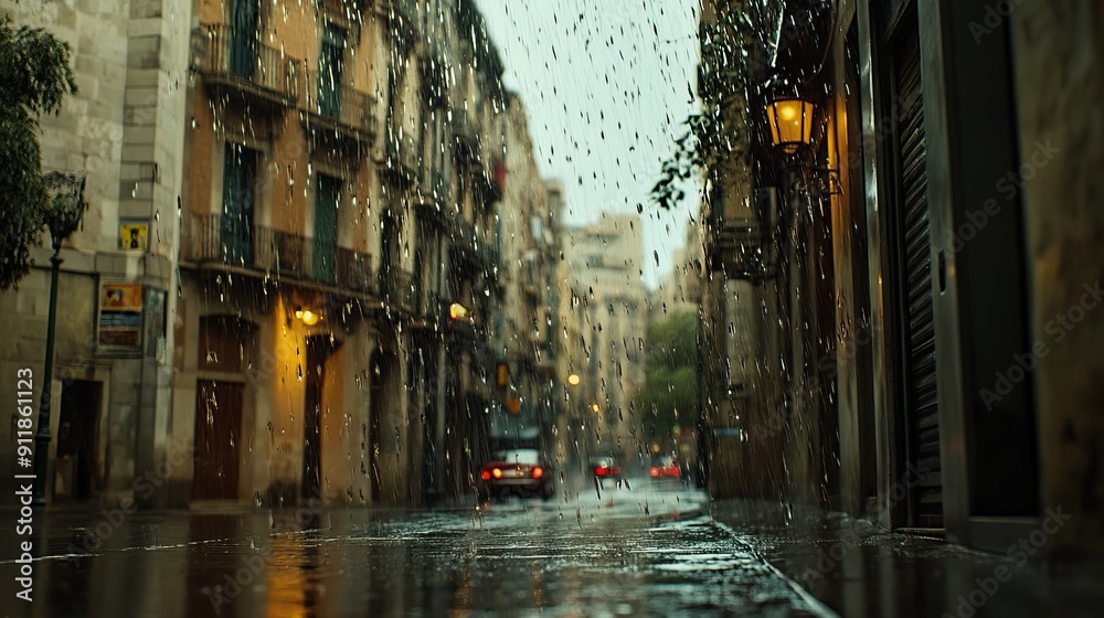 Fototapeta premium City landscape with rainy day