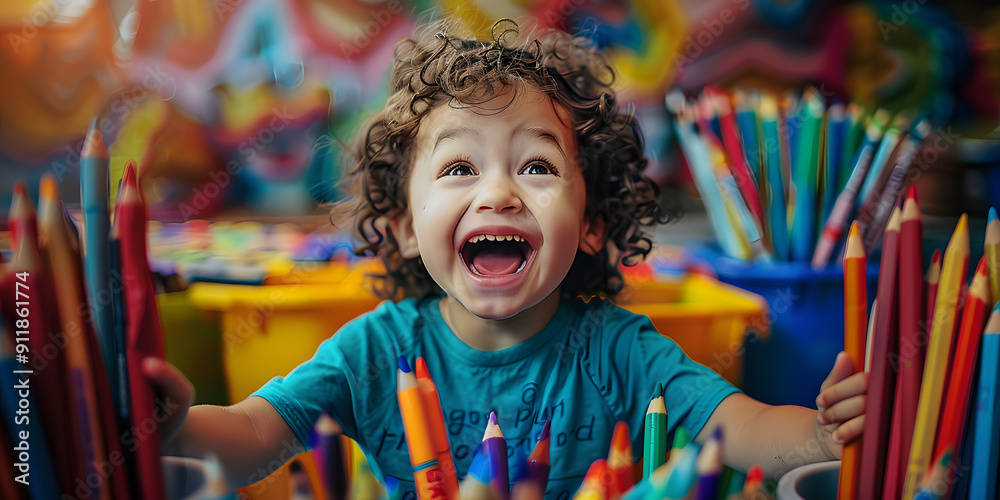 Fototapeta premium Vibrant preschooler, thrilled with multicolor crayons in hand, depicting pure joy and happiness during an arts and crafts class.