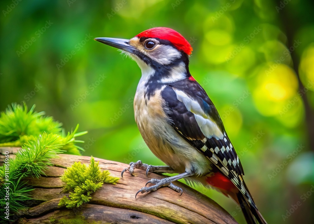 Vibrant woodpecker perches on weathered tree trunk, surrounded by lush green foliage, showcasing its unique plumage and natural behavior in a serene forest setting. Vibrant woodpecker perches on weathered tree trunk, surrounded by lush green foliage, showcasing its unique plumage and natural behavior in a serene forest setting.