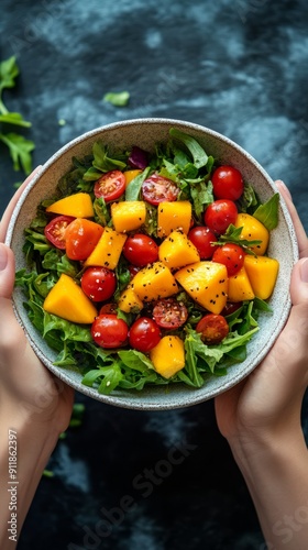 Hands holding bowl of fresh salad with cherry tomatoes and mango Healthy eating and nutrition concept