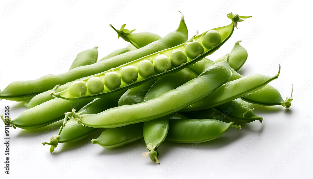 Freshly Picked Snow Peas On A White Background. Freshly Picked Snow Peas On A White Background.