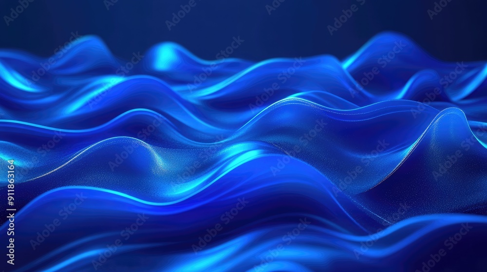 Blue neon waves with a soft glow, forming a tranquil and elegant background illustration. Blue neon waves with a soft glow, forming a tranquil and elegant background illustration.