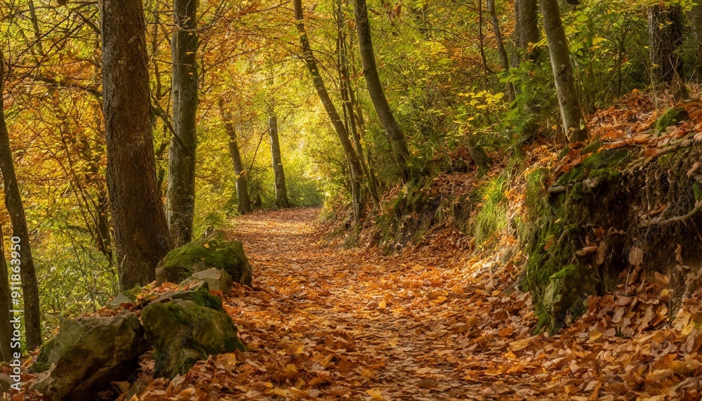 Fototapeta premium Enchanting Forest Path Covered in Autumn Leaves