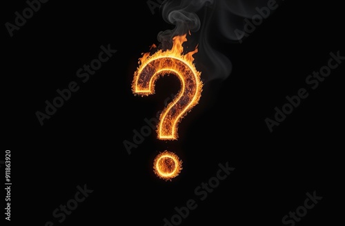 question mark burning in fire on black background