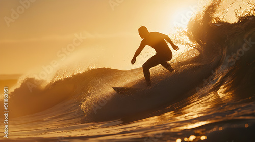 A surfer rides a wave illuminated by the soft light of the early morning.