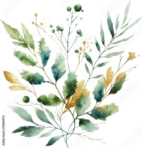 watercolor flowers and leaves on white background. hand painted flowers, gold and jade flowers witn leaves. wedding invitation, card, greeting card or invitation. vector collection