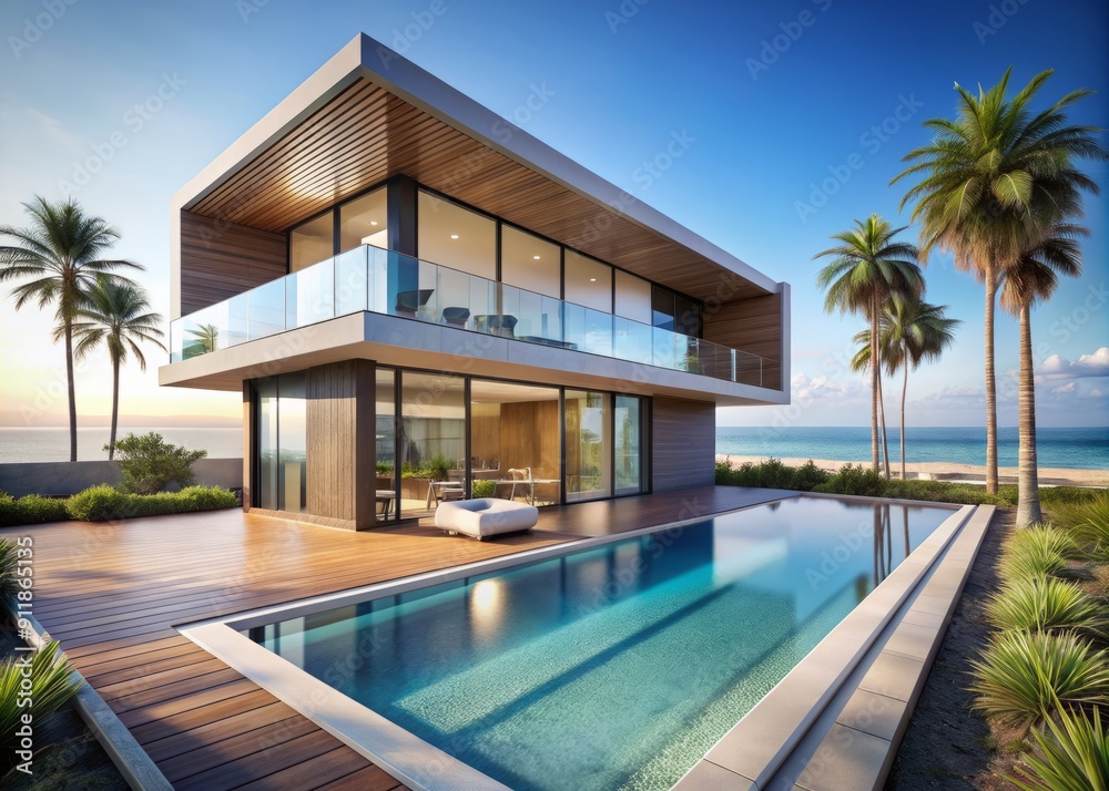 Modern house with a swimming pool, modern pool villa at the beach, luxury villa with tropical ocean Modern house with a swimming pool, modern pool villa at the beach, luxury villa with tropical ocean