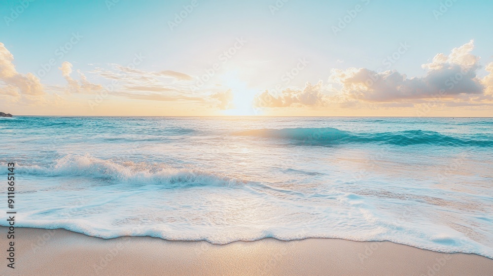 Obraz premium Panoramic shot of a tranquil sandy beach with rolling waves and a peaceful shoreline, ideal for a relaxing view.
