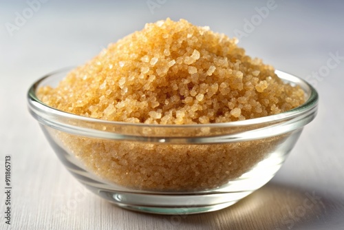 A shallow focus captures the intricate texture and varying sizes of golden brown sugar crystals scattered in a clear glass bowl against a neutral background.