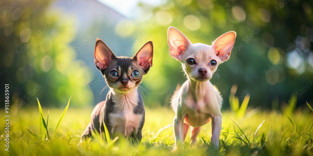 Adorable Sphynx kitten and tiny Toy terrier puppy stand side by side on sunny grass, companions in exploration, with plenty of room for captions or headlines. Adorable Sphynx kitten and tiny Toy terrier puppy stand side by side on sunny grass, companions in exploration, with plenty of room for captions or headlines.