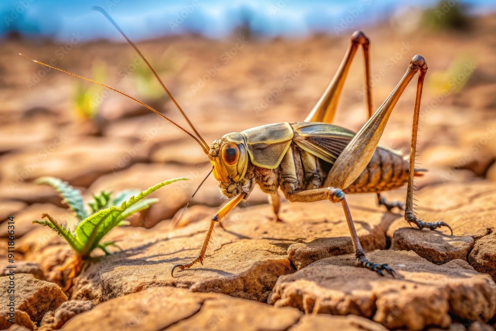 A large, wingless Mormon cricket crawls through the dry, cracked earth of the desert scrub, antennae twitching as it searches for a patch of green grass. A large, wingless Mormon cricket crawls through the dry, cracked earth of the desert scrub, antennae twitching as it searches for a patch of green grass.