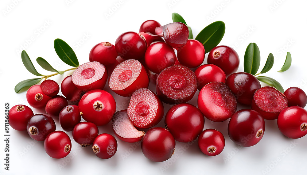 Sliced and Whole Cranberries on a White Background Sliced and Whole Cranberries on a White Background