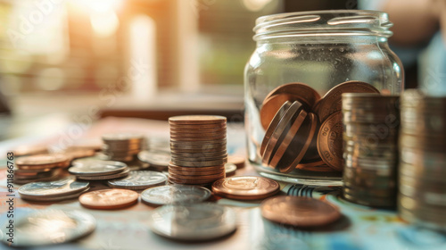 A jar filled with coins and stacks of coins on financial documents, representing savings, investments, and financial planning.