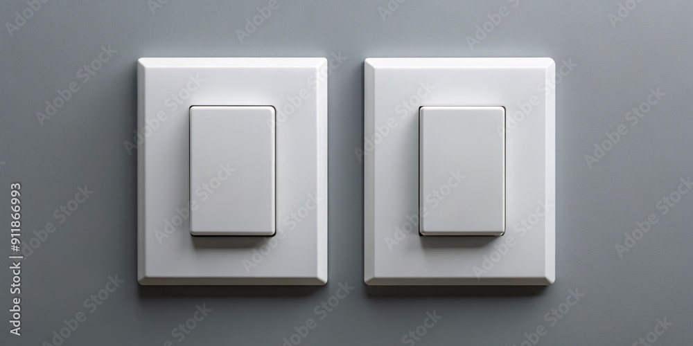 Two identical modern white light switches stand upright, side by side, on a clean, minimalist gray background, awaiting installation or use in a sleek interior.