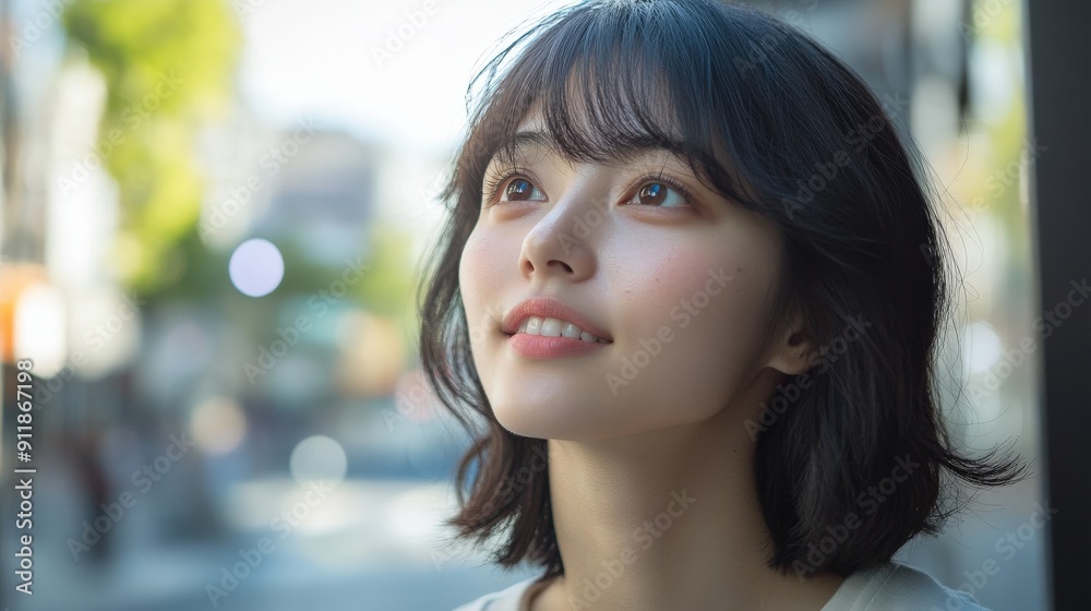 若い女性が晴れた日の街中で空を見上げ、希望に満ちた表情を浮かべています。 若い女性が晴れた日の街中で空を見上げ、希望に満ちた表情を浮かべています。