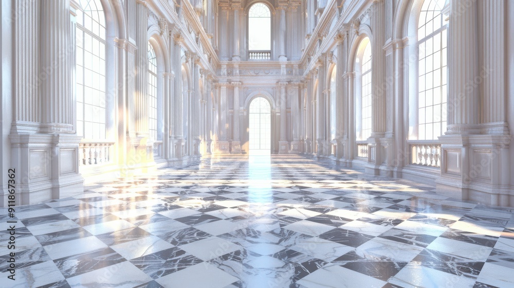 Obraz premium Elegant Grand Hall With Marble Flooring and Vast Windows Illuminated by Sunlight