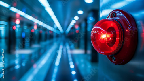 Close-up of a red alarm light glowing in a sleek, futuristic underground tunnel with a vanishing point perspective.