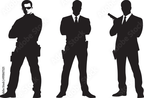Silhouette of bodyguard with gun standing position vector icon