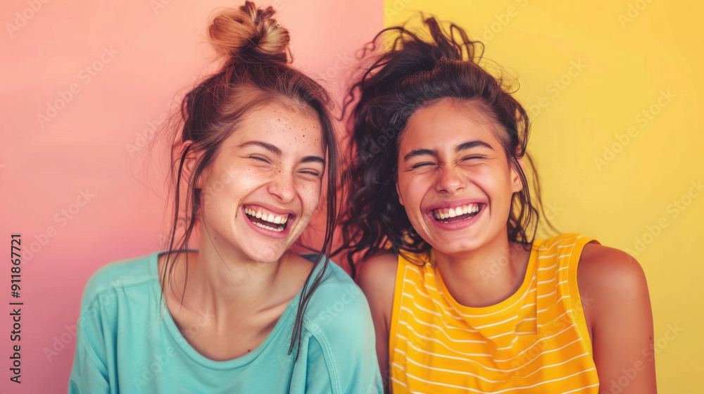 Two young women with casual hairstyles laughing joyfully in front of a colorful background, embodying friendship and happiness. Two young women with casual hairstyles laughing joyfully in front of a colorful background, embodying friendship and happiness.