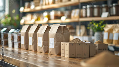 Various organic food products in paper packaging arranged neatly on a wooden counter in a rustic shop setting.