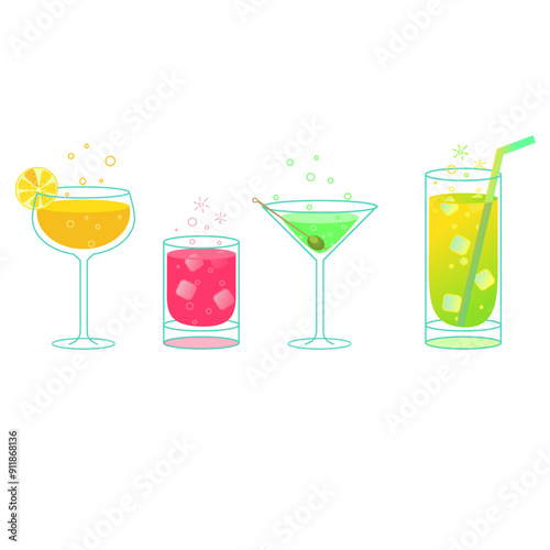 Neon cocktails alcoholic beverages or soda in different glasses and glasses. Vector illustration several glasses of wine glasses with red yellow and green cocktails. bubbles over a glass and a