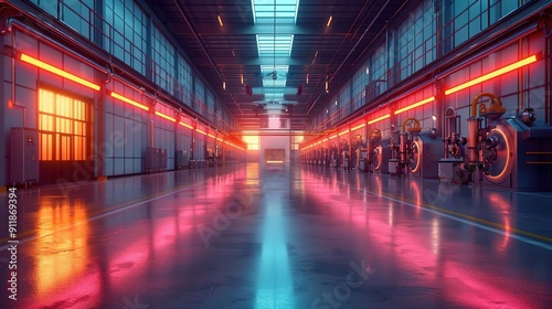 Futuristic Industrial Hallway with Neon Lights - 3D Illustration