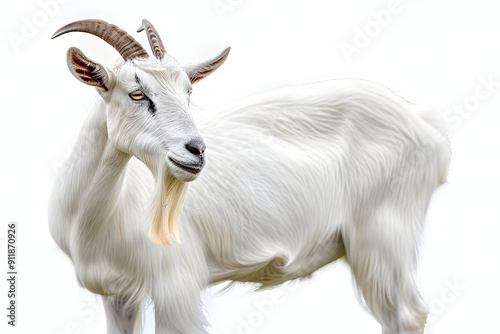 the beside view Saanen Goat standing, left side view, white copy space on right isolated on white background