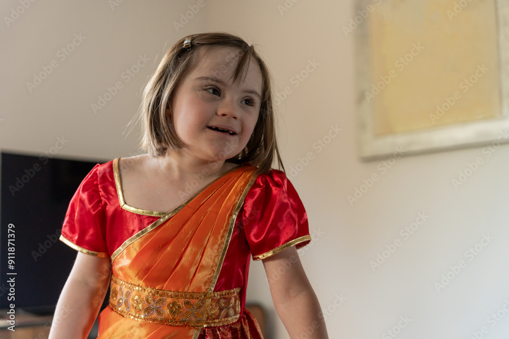 Girl With Down Syndrome Smiling In Red Dress Girl With Down Syndrome Smiling In Red Dress