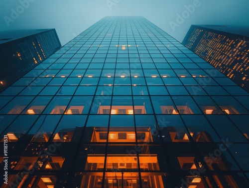 Majestic Skyscraper in Urban Cityscape Glowing Under Cloudy Evening Atmosphere
