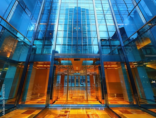 Architectural Beauty of Modern Glass Building Entrance at Twilight