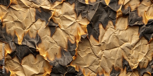 High-resolution, seamless texture of charred, torn, and crumpled cardboard paper with deep burns, scratches, and tears, ideal for design and digital art projects.