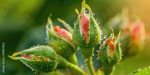 Rose Buds Infested with Aphids and Spider Mites Pest Management and Common Rose Diseases Tetranychidae Aphidoidea Macrosiphum Arge pagana Species Details in Close up Macro Photography with photo