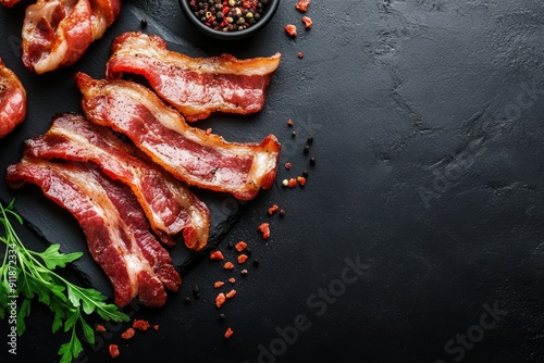 Sizzling bacon strips on a black background with copy space, in a flat lay top view. A platter of fried pork belly meat and spices for breakfast or as a healthy food concept. International Bacon Day.