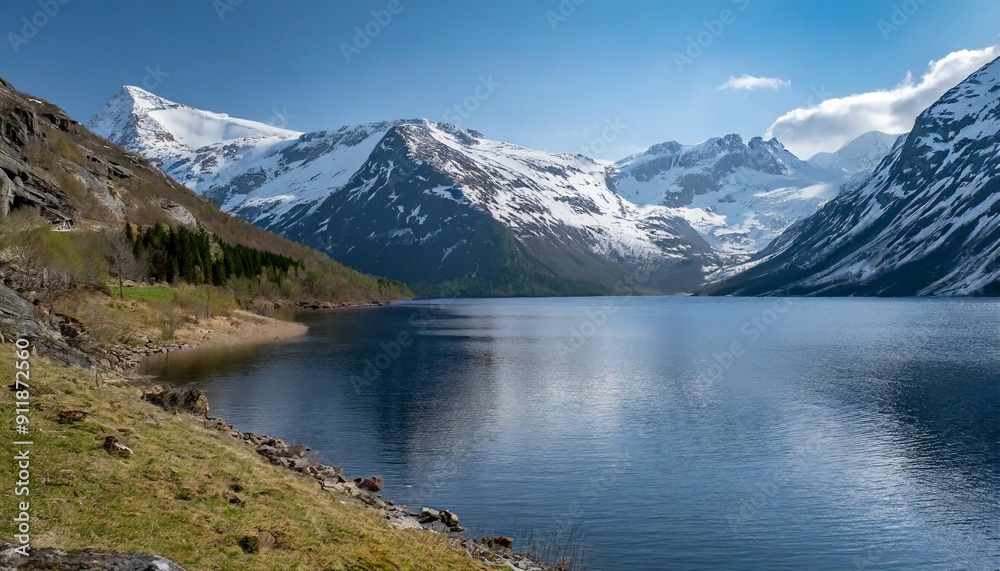 Peaceful Lake Surrounded by Snow-Capped Mountains Peaceful Lake Surrounded by Snow-Capped Mountains