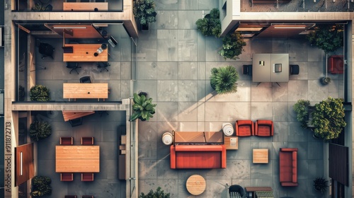 Modern Open Workspace Design Featuring Collaborative Areas and Greenery During Bright Daylight Hours