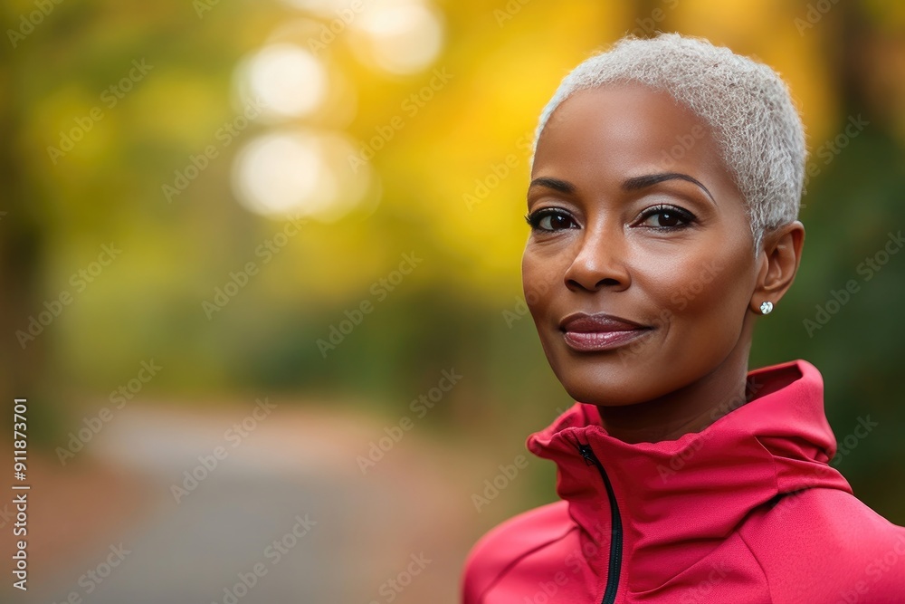 A woman with short hair and a red jacket is smiling. She is wearing a necklace and earrings A woman with short hair and a red jacket is smiling. She is wearing a necklace and earrings