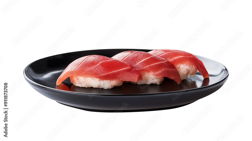 Elegant Tuna Nigiri Sushi on a Black Rectangular Plate, Transparent Background Elegant Tuna Nigiri Sushi on a Black Rectangular Plate, Transparent Background